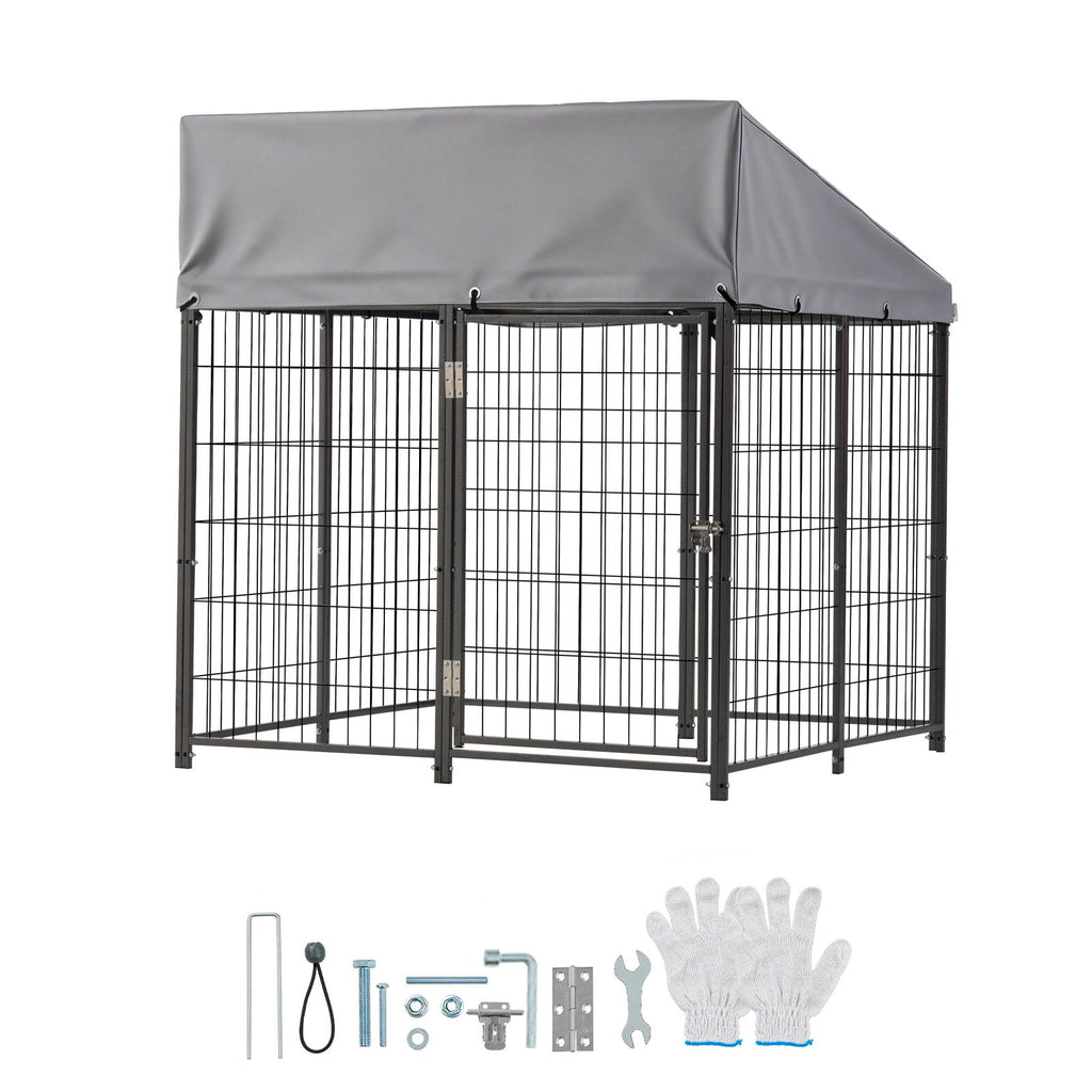 Outdoor Dog Kennel, 3.67 x 3.78 x 4.1 ft Large Dog Kennel with Secure Lock, Outside Dogs Enclosures with UV-Resistant & Waterproof Roof Cover, Heavy Duty Pet Crate Cage Run for Large Dogs