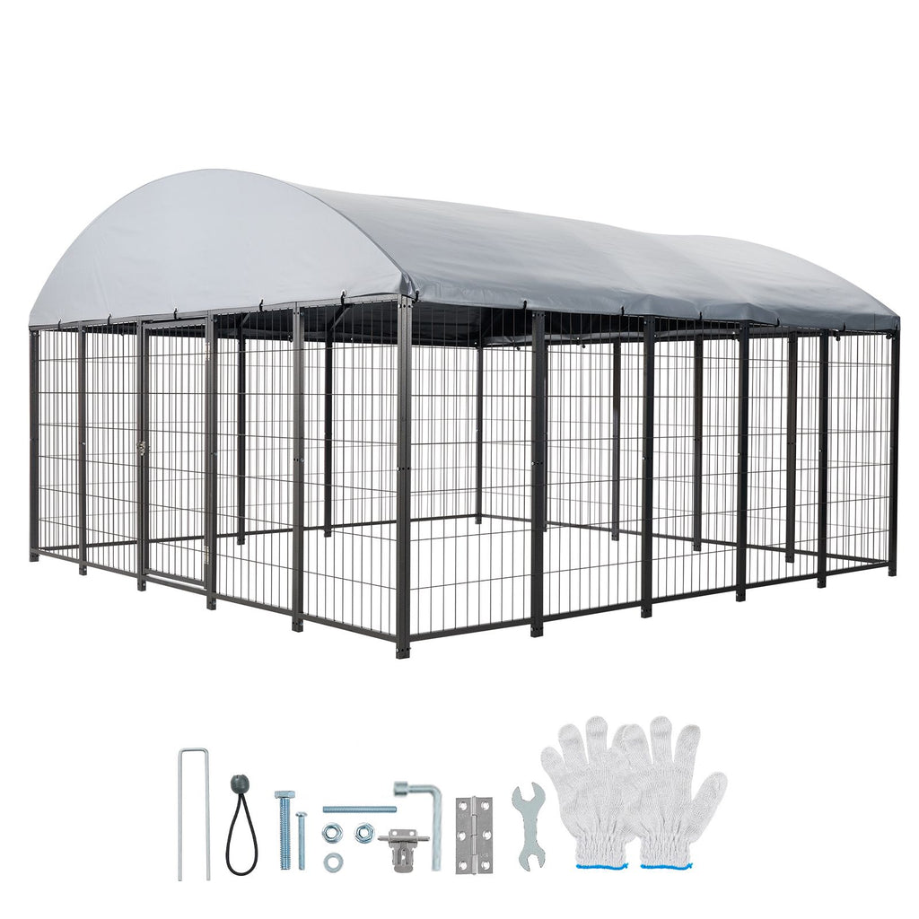 Outdoor Dog Kennel, 9.8 x 9.8 x 5.4 ft Large Dog Kennel with Secure Lock, Outside Dogs Enclosures with UV-Resistant & Waterproof Roof Cover, Heavy Duty Pet Crate Cage Run for Large Dogs