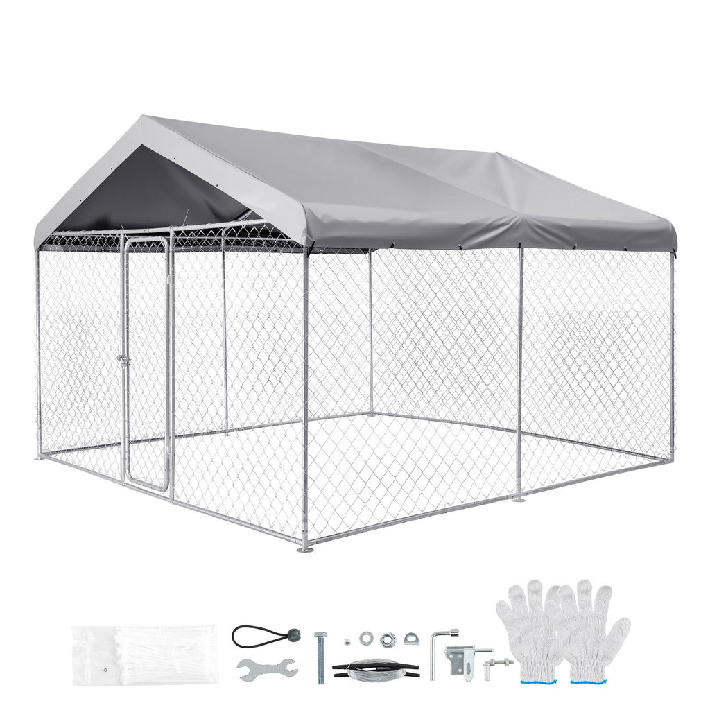 Outdoor Dog Kennel, 9.84 x 9.84 x 7.05 ft Large Dog Kennel with Secure Lock, Outside Dogs Enclosures with UV-Resistant & Waterproof Roof Cover, Heavy Duty Pet Crate Cage Run for Large Dogs