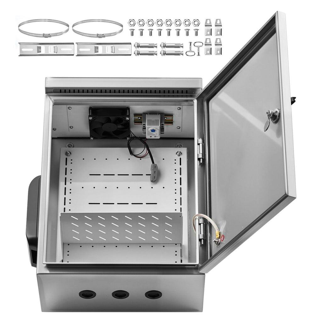 Outdoor Electrical Box, 20 x 16 x 8 in, Stainless Steel Ventilated Electrical Enclosure with Thermostat and Fan, Rain Hood, Hinge Connection, IP65 Waterproof Junction Box, Wall/Pole Mounted,