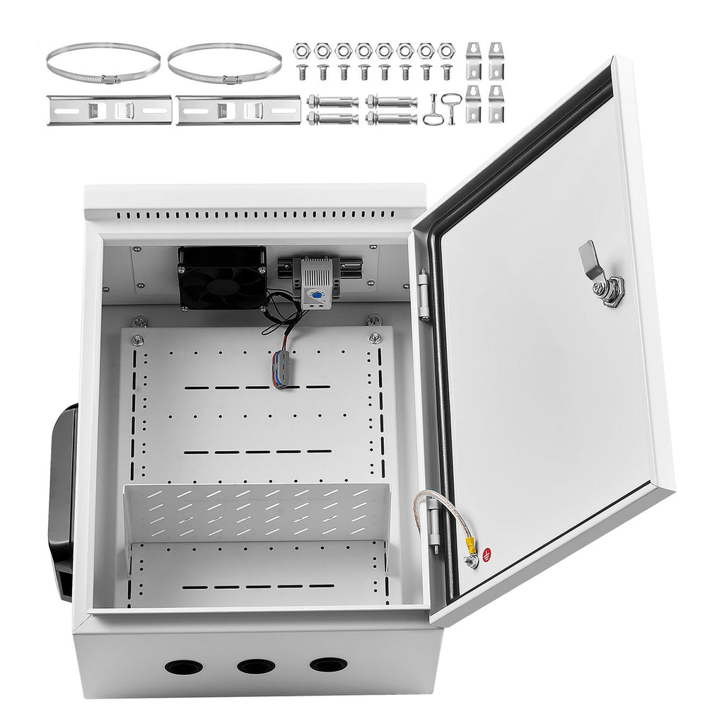 Outdoor Electrical Box, Cold-Rolled Steel, Electrical Junction Box with Thermostat and Fan, Rain Hood, Ventilated Design, IP65 Waterproof Hinged Enclosure, Wall/Pole Mounted, 20 x 16 x 8 in