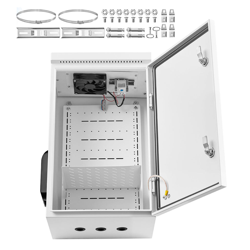Outdoor Electrical Box, Cold-Rolled Steel, Electrical Junction Box with Thermostat and Fan, Rain Hood, Ventilated Design, IP65 Waterproof Hinged Enclosure, Wall/Pole Mounted, 24 x 16 x 12 in