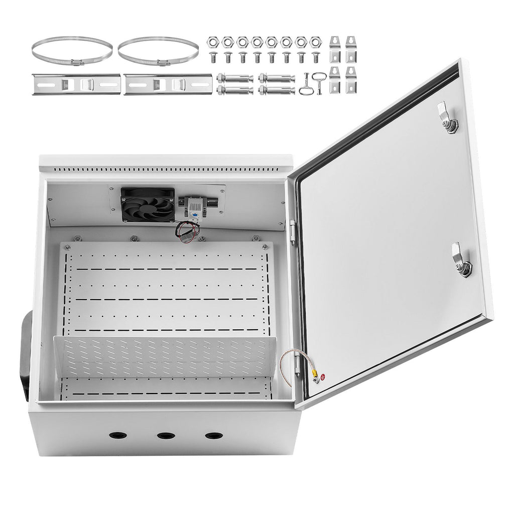 Outdoor Electrical Box, Cold-Rolled Steel, Electrical Junction Box with Thermostat and Fan, Rain Hood, Ventilated Design, IP65 Waterproof Hinged Enclosure, Wall/Pole Mounted, 24 x 24 x 12 in