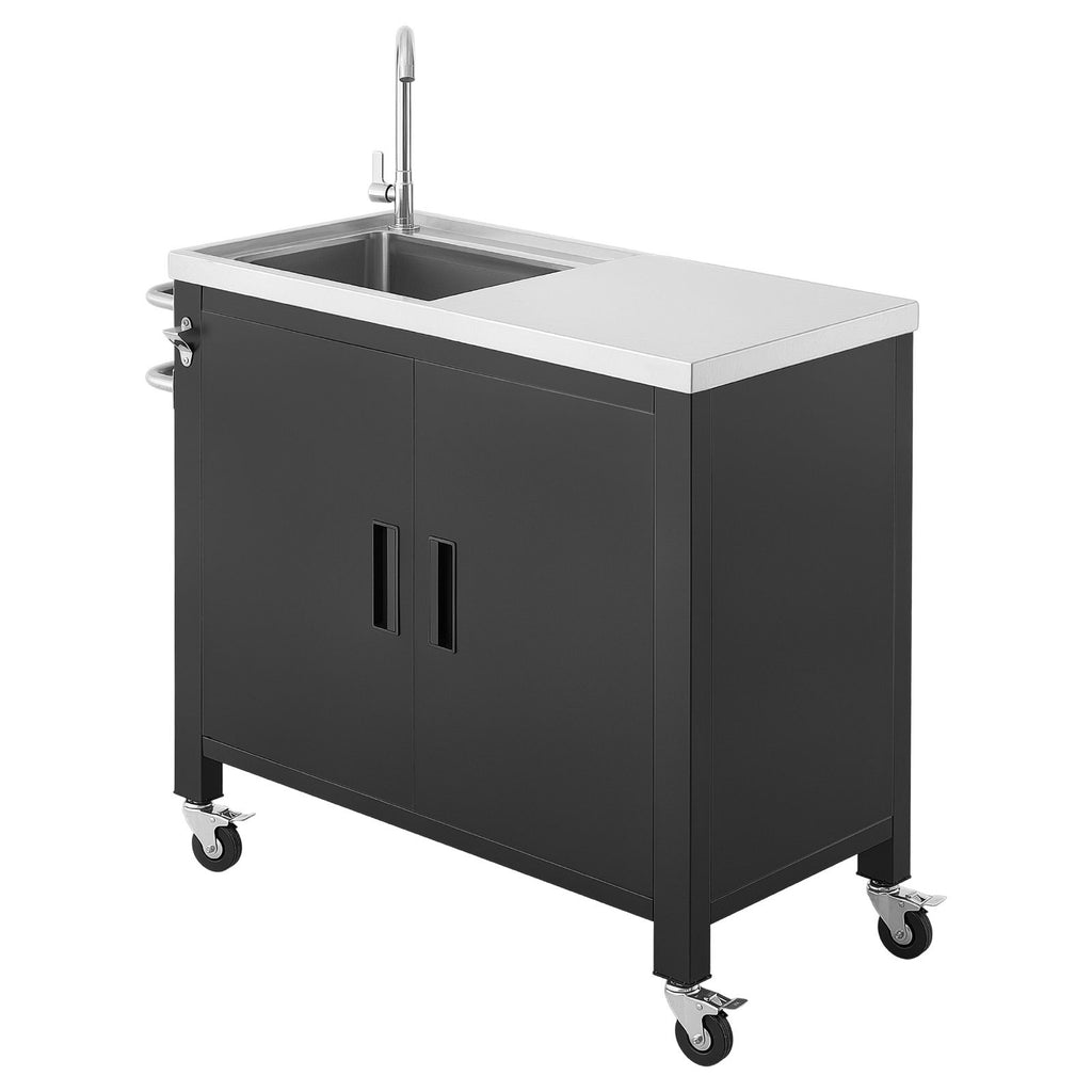 Outdoor Grill Cart with Sink and Storage Cabinet, 38 Inch Grill Table, Waterproof Kitchen Island with Stainless Steel Top, Spice Rack, Wheel, Movable Food Prep Station for Patio Bar Backyard BBQ