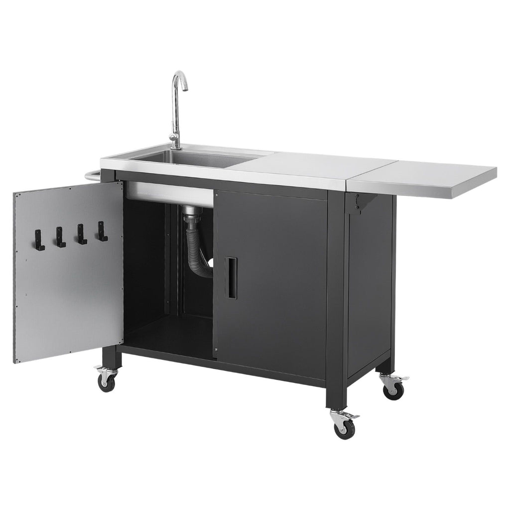 Outdoor Grill Cart with Sink and Storage Cabinet, 52 Inch Grill Table, Waterproof Kitchen Island with Stainless Steel Top, Spice Rack, Wheel, Movable Food Prep Station for Patio Bar Backyard BBQ