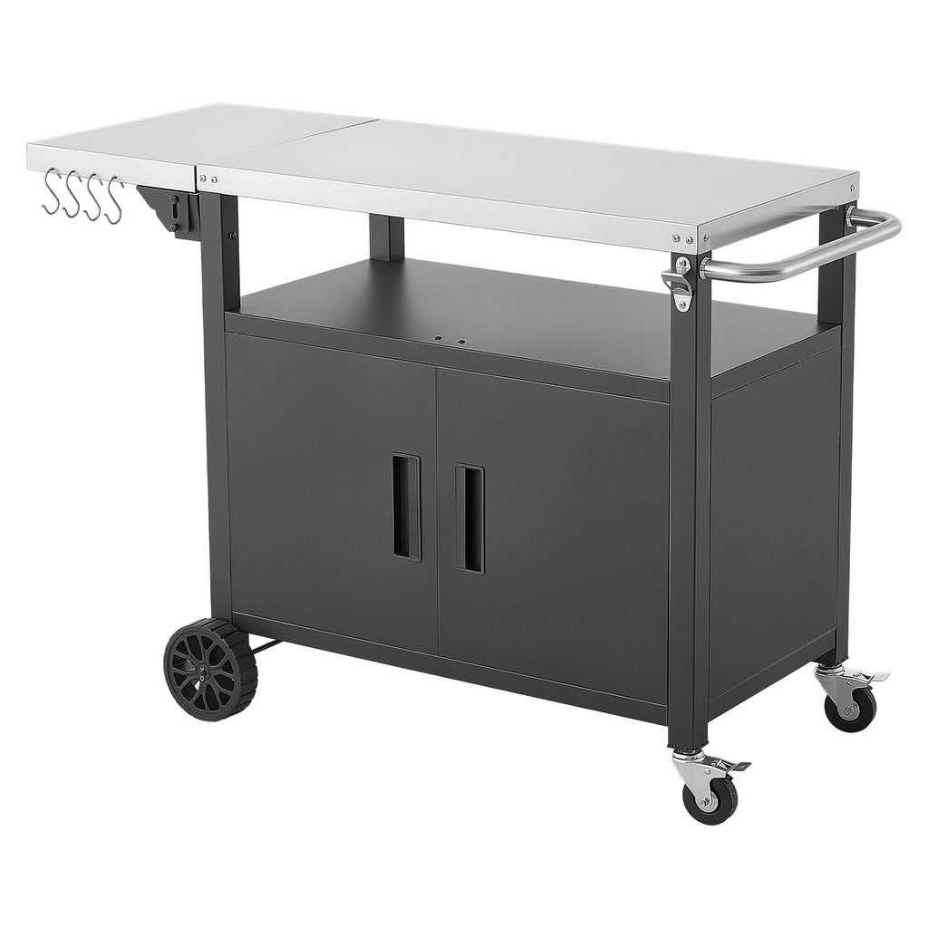 Outdoor Grill Cart with Storage Cabinet, 48.9 Inch Grill Table, Waterproof Kitchen Island with Stainless Steel Top, Shelf, and Wheels, Movable Food Prep Station for Patio Bar Backyard BBQ