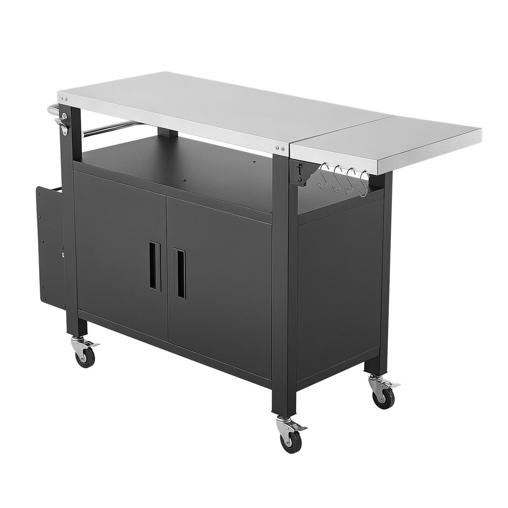 Outdoor Grill Cart with Storage Cabinet, 55.1 Inch Grill Table, Waterproof Kitchen Island with Stainless Steel Top, Shelf, and Wheels, Movable Food Prep Station for Patio Bar Backyard BBQ