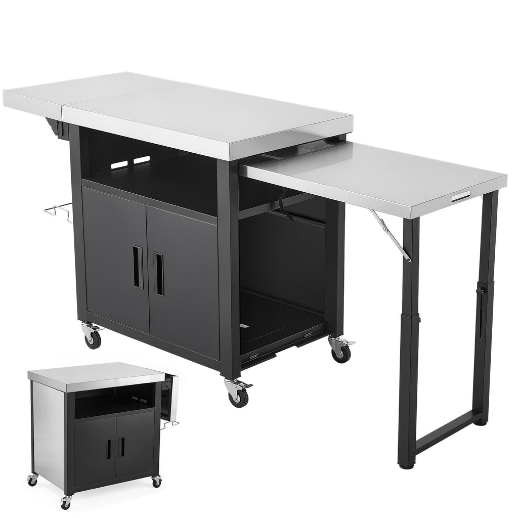 Outdoor Grill Cart with Storage Cabinet, 74.8 Inch Grill Table, Waterproof Kitchen Island with Stainless Steel Top, Pull-Out Plate, Wheels, Movable Food Prep Station for Patio Bar Backyard BBQ