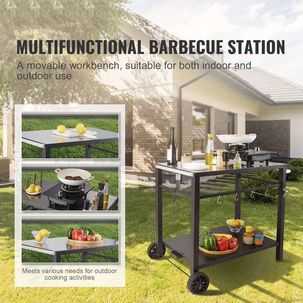 Outdoor Grill Dining Cart with Double-Shelf, BBQ Movable Food Prep Table, Multifunctional Iron Table Top, Portable Modular Carts for Pizza Oven, Worktable with 2 Wheels, Carry Handle, Black