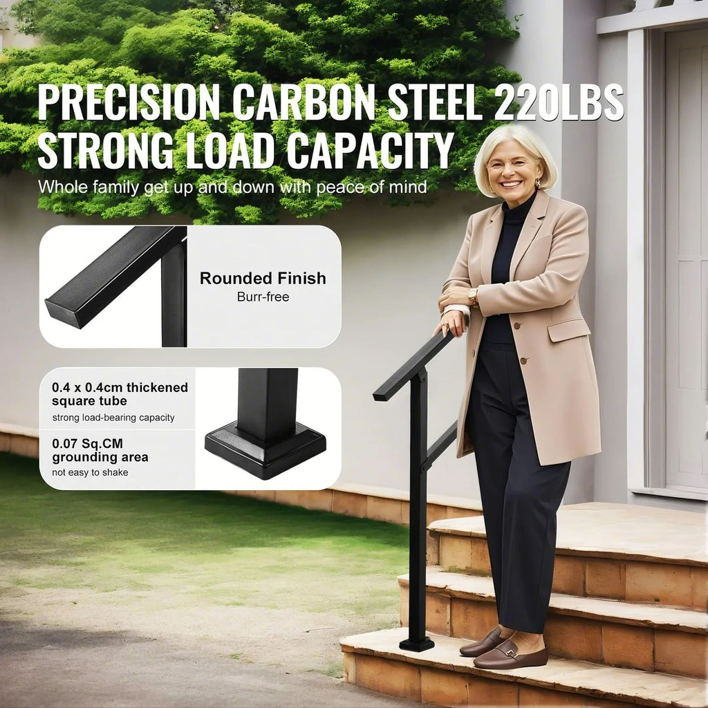 Outdoor Handrails for Steps, 2-3 Step Stair Rail Kit, Black Square Tube with Horizontal Bar, Carbon Steel Support Rails for Seniors, Concrete & Deck Stairs, Easy Installation image 2