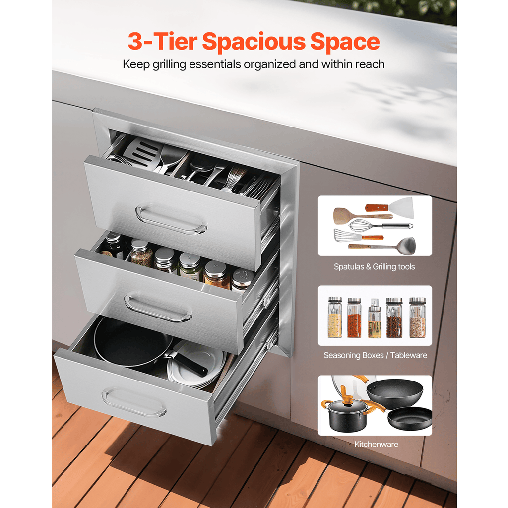Outdoor Kitchen Drawers 16" W x 21.5" H x 18" D, Flush Mount Triple Access BBQ Drawers with Stainless Steel Handle, BBQ Island Drawers for Outdoor Kitchens or BBQ Island Patio Grill Station image 2