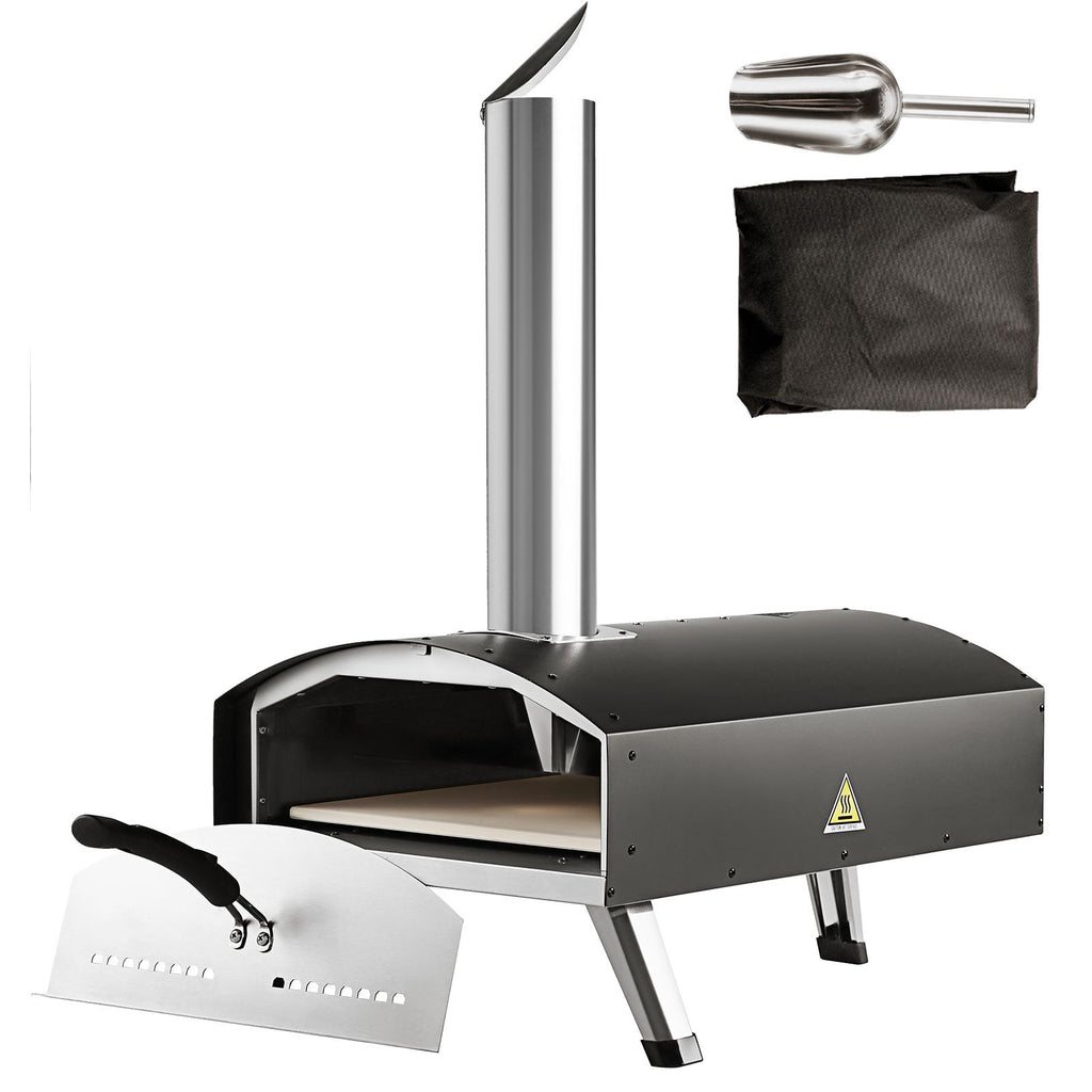 Outdoor Oven 12-inch Pellet and Charcoal Fired Maker, Portable Outside Stainless Steel Grill with Pizza Stone, Waterproof Cover, Shovel, Wood Burner for Backyard Camping, Black