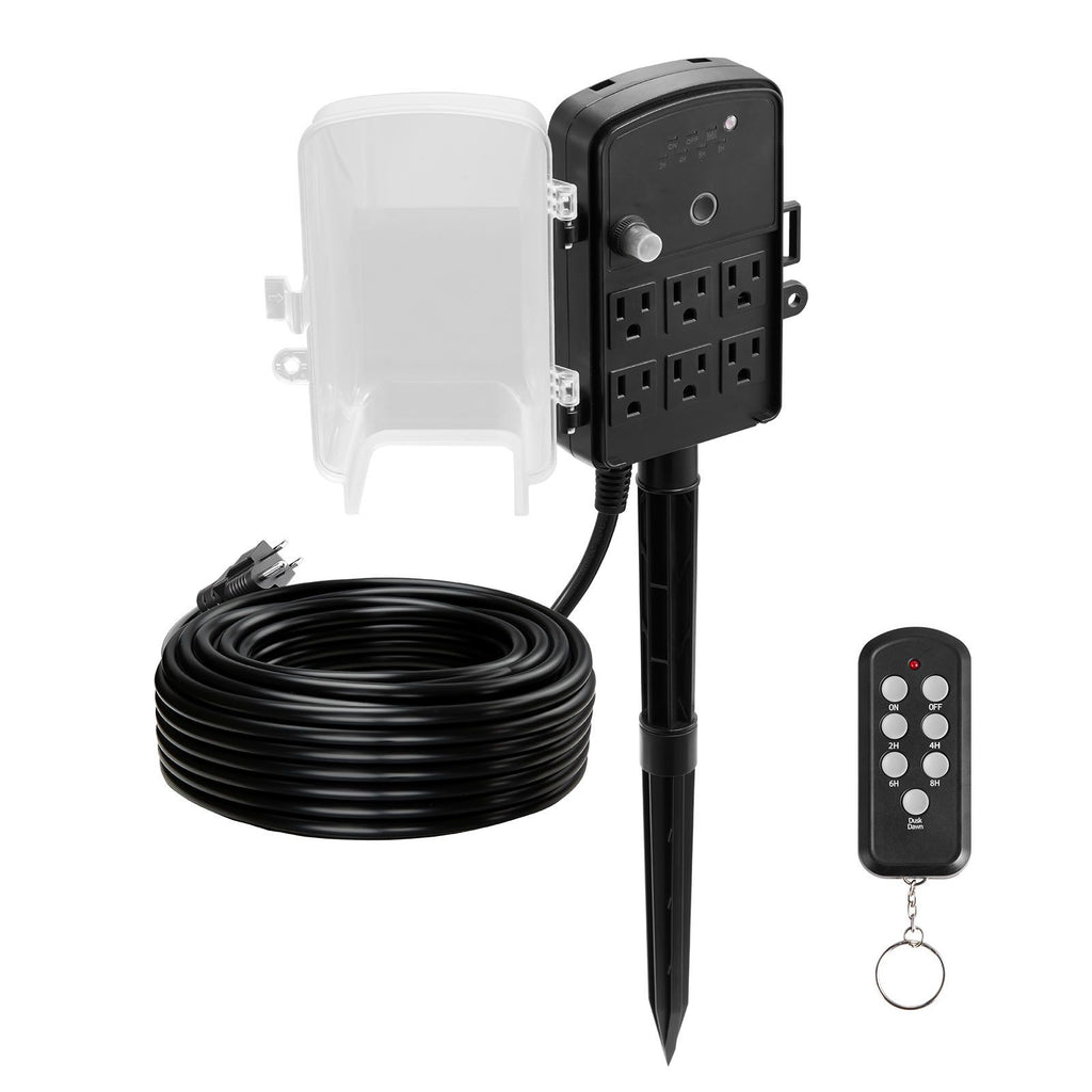 Outdoor Power Stake, 100FT Extension Cord, Outdoor Power Strip Weatherproof with Cover, Remote Control Dusk to Dawn Light Timer Waterproof, 6 Outlets, 1625W/13A, for Christmas Lights, Garden