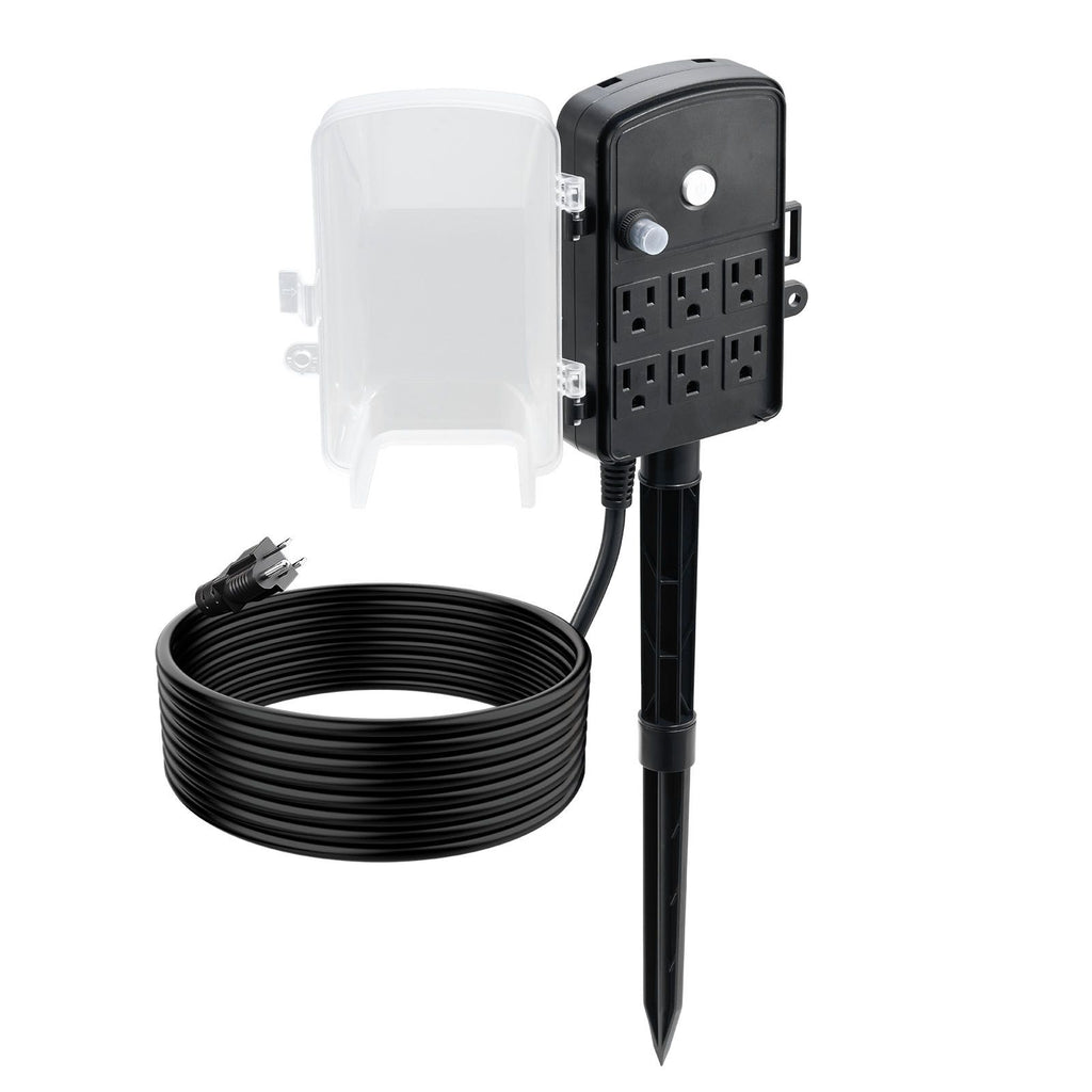 Outdoor Power Stake, 15 FT Extension Cord, Outdoor Power Strip Weatherproof with Cover and Overload Protection, 6 Outlets, 15A/1875W, Waterproof Multi-Outlet Yard Stake for Christmas Lights