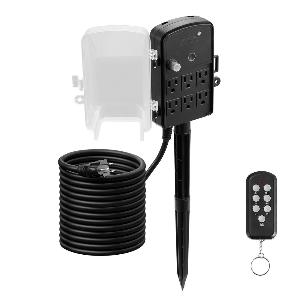 Outdoor Power Stake, 25FT Extension Cord, Outdoor Power Strip Weatherproof with Cover, Remote Control Dusk to Dawn Light Timer Waterproof, 6 Outlets, 1875W/15A, for Christmas Lights, Garden