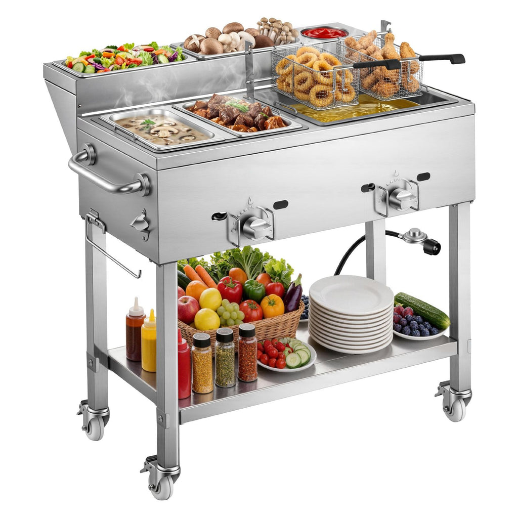Outdoor Propane Deep Fryer, 2 Burners (11,600 BTU Each), Commercial Fryer with Two 1/3 Size Food Warming Pans, Multi-Purpose Frying Cart with 4 Lockable Wheels, for Fried Chicken & Fries