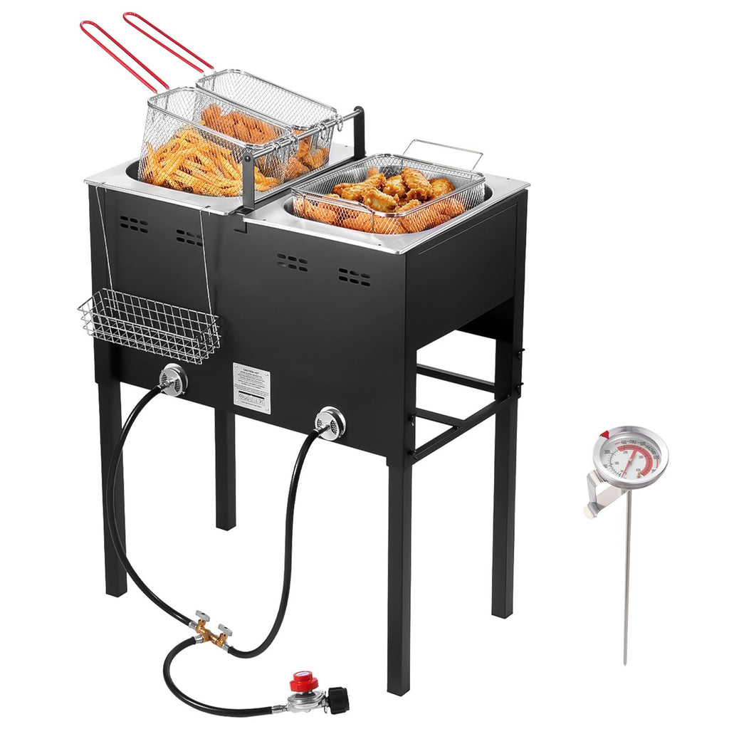 Outdoor Propane Deep Fryer, Dual-Tank 16QTx2 Large Capacity Commercial Fryer, Stainless Steel Fish Cooker with 3 Basket, Thermometer, Floor Standing Fryers for Catering Event Camping, 50,000 BTU
