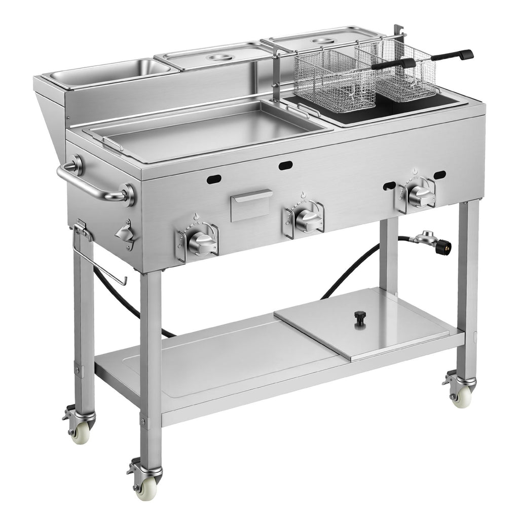 Outdoor Propane Fryer & Griddle Combo, 3 Burners (11,600 BTU Each), Commercial Stainless Steel Frying Cart with Wheels, 2 Fryer Baskets & 3 Food Pans, for Hot Dogs, Fried Chicken, Fries, Meats