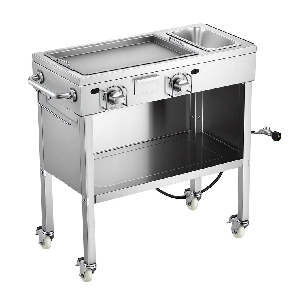Outdoor Propane Griddle, 2 Burners (11,600 BTU Each), Commercial Stainless Steel Gas Griddle Cart with 4 Lockable Wheels, 1/3 Food Pan, Easy-Grip Side Handle, Ideal for Hot Dogs, Burgers & Meats