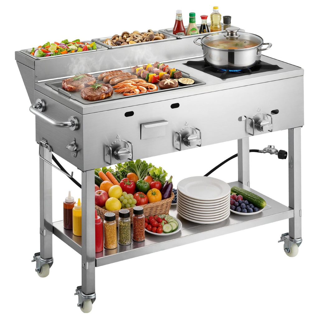 Outdoor Propane Griddle, 3 Burners (11,600 BTU Each), Commercial Stainless Steel Griddle with Three 1/3 Size Food Pans, Portable Cart with Wheels & Gas Stove, for Hot Dogs, Burgers & Meats