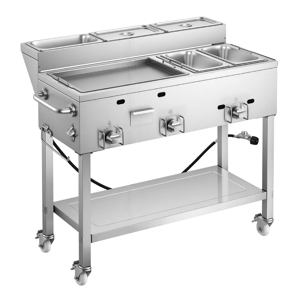 Outdoor Propane Griddle, 3 Burners (11,600 BTU Each), Commercial Stainless Steel Griddle with Two 1/3 Size Food Warming Pans, Portable Cart with 4 Lockable Wheels, for Hot Dogs, Burgers & Meats