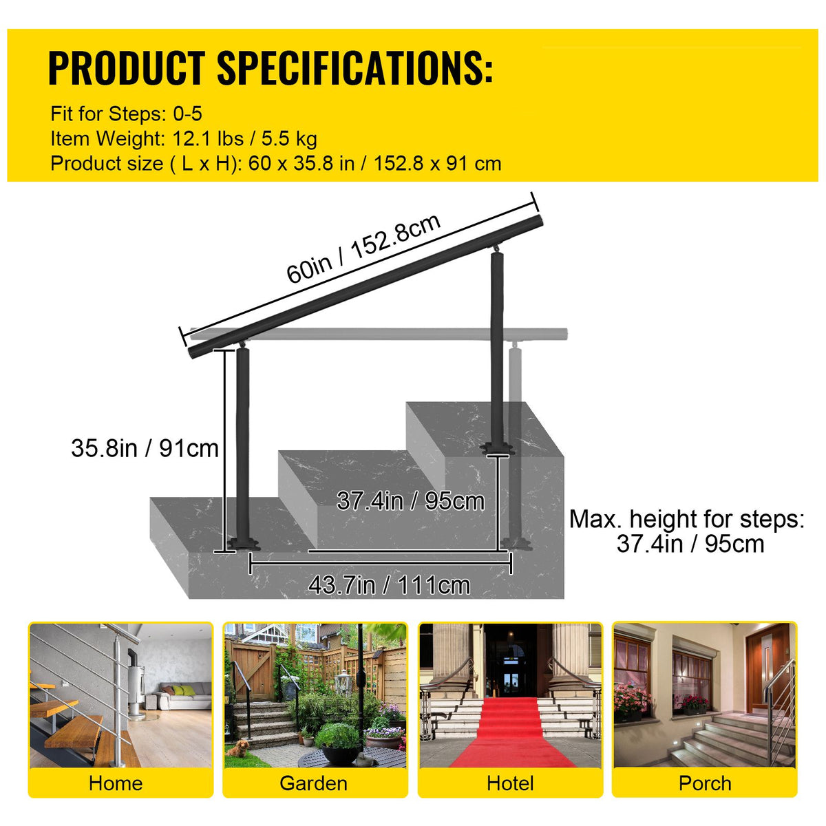 Vip Railing Outdoor Stair Railing Kit, 5 FT Handrails 0-5 Steps, Adjustable Ang ...