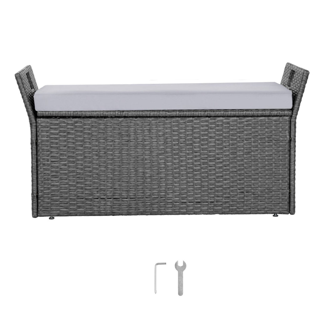 Outdoor Storage Bench, 2-Person PE Rattan Storage Bench, 40 Gal Deck Box with Cushion & Side Handle, Supports up to 400 lbs, Weatherproof Outdoor Seating & Porch Decor for Patio Garden Balcony