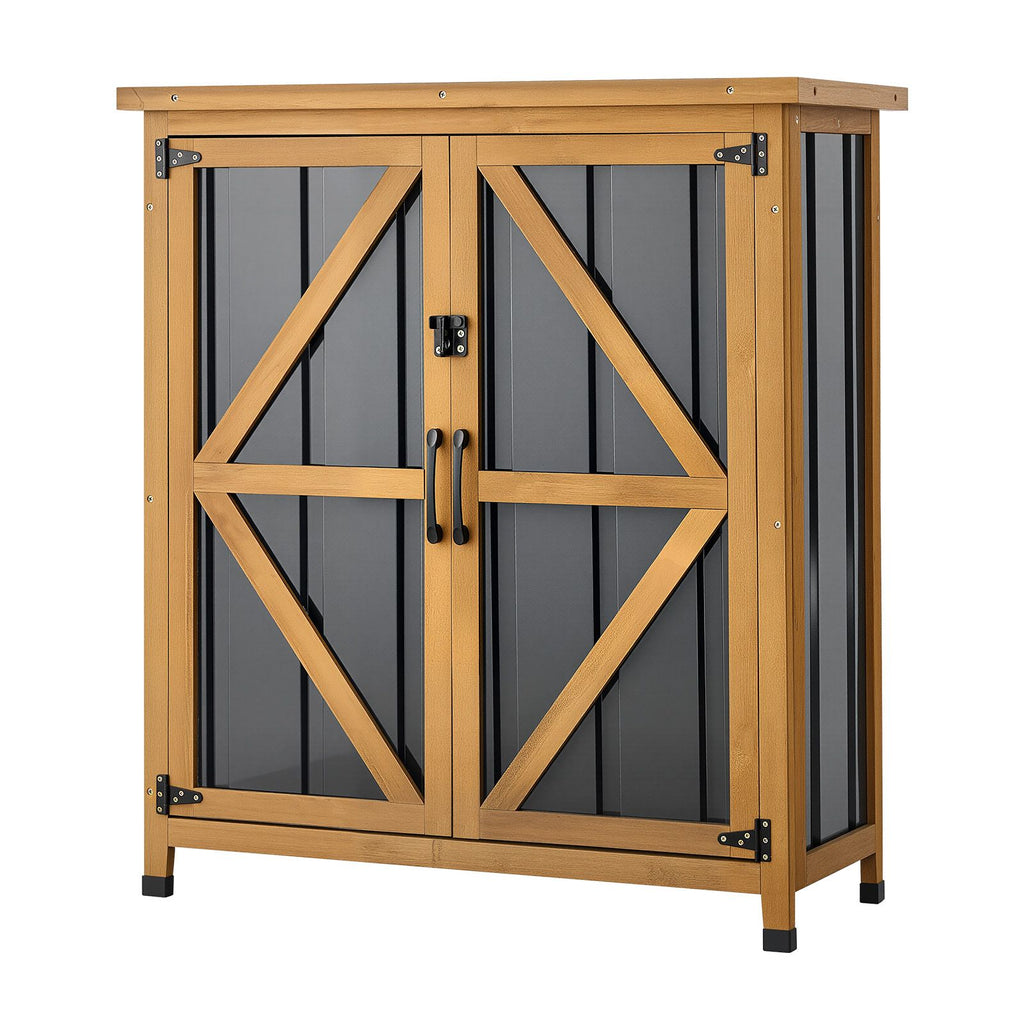 Outdoor Storage Shed, 33.86" x 37.4" Wood & Metal Garden Tool Shed with Lockable Doors & Sloped Roof, Waterproof Outside Storage Cabinet with Shelf & Floor for Backyard Patio Lawn, Black/Brown