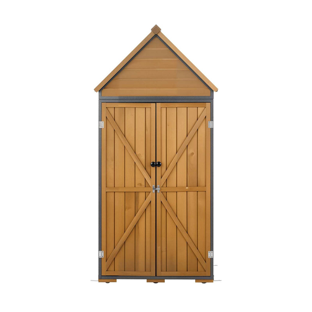 Outdoor Storage Shed, 44.09" x 66.93" Wood & Metal Garden Tool Shed with Lockable Doors & Sloped Roof, Waterproof Outside Storage Cabinet with Shelves & Floor for Backyard Patio Lawn, Brown