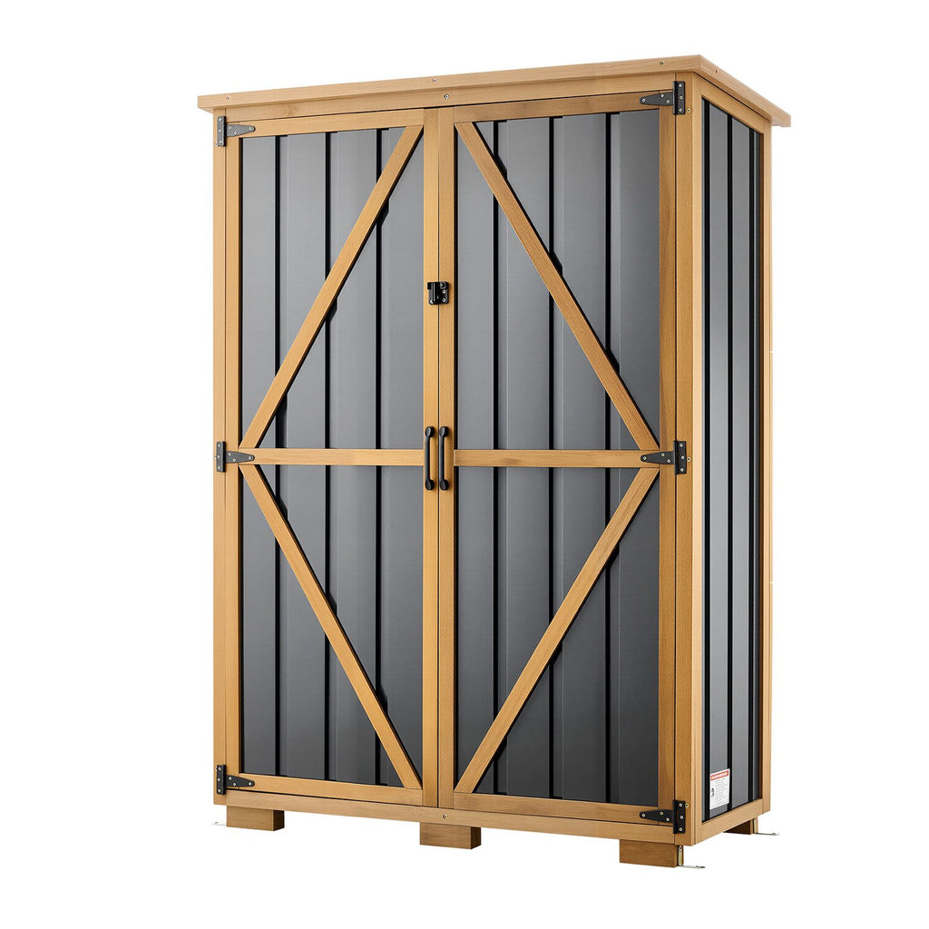 Outdoor Storage Shed, 46.06" x 62.99" Wood & Metal Garden Tool Shed with Lockable Doors & Sloped Roof, Waterproof Outside Storage Cabinet with Shelves/Floor for Backyard Patio Lawn, Black/Brown