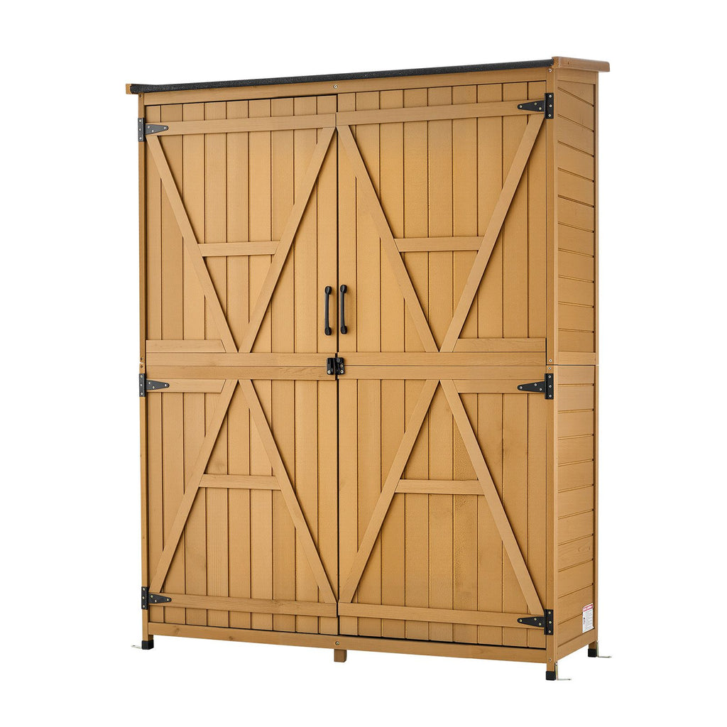 Outdoor Storage Shed, 49.41" x 63.98" Wood Garden Tool Shed with Lockable Doors & Sloped Roof, Waterproof Outside Storage Cabinet with Shelves & Floor Included for Backyard Patio Lawn, Brown