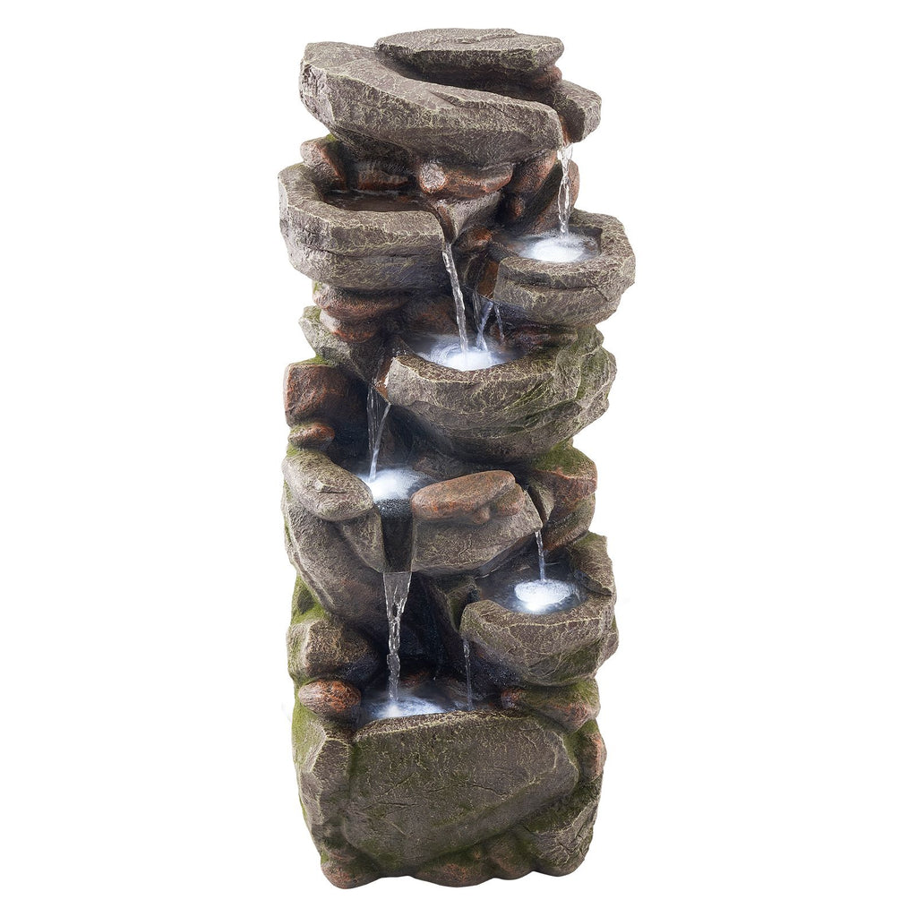 Outdoor Water Fountain, 38.98 in Height Fountain and Waterfall, 7-Tier Floor Standing Rock-Shaped Cascading Fountains with LED Light and Pump, for Outdoor Indoor Garden, Home, Patio & Backyard