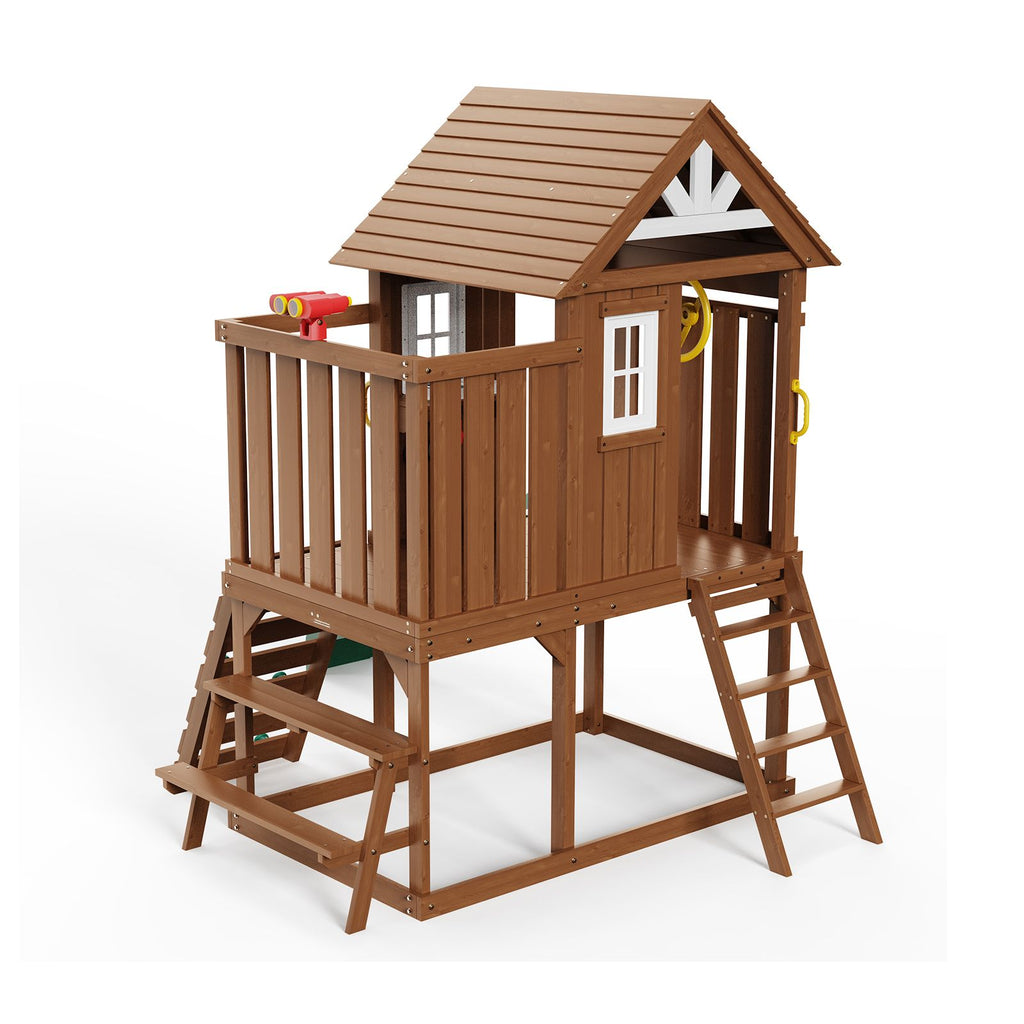 Outdoor Wooden Playhouse, Modern Cedar Playhouse for Age 2-8 Years Kids, Garden Games Cottage, Country Style Cedar Playhouse with Slide, Ladder, Climbing Wall, Windows, Picnic Table and Bench