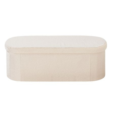 Oval Storage Ottoman Bench, Foldable Teddy Fleece End of Bed Bench, Folding Upholstered Bed Ottoman Chest with Large Storage Space, Supports 660 lbs, for Living Room, Bedroom, Entryway, Beige