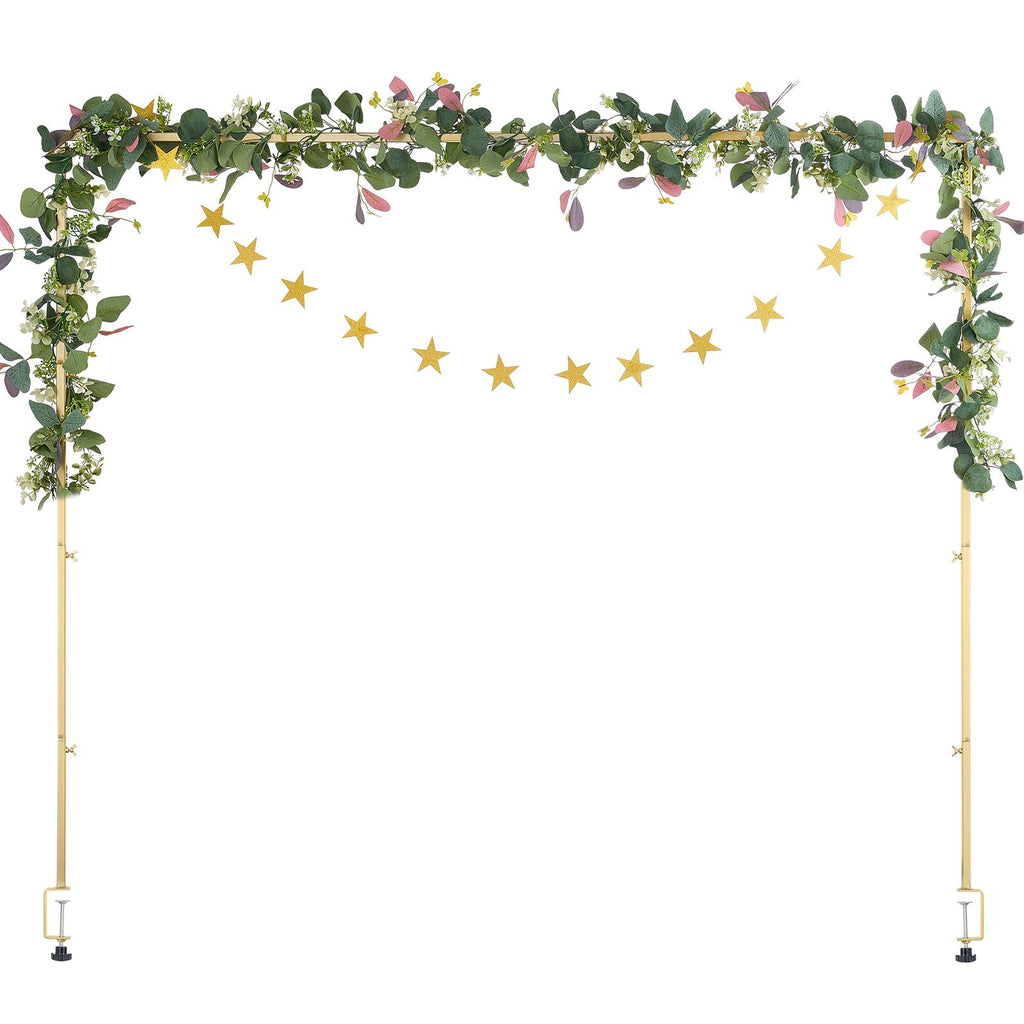 Over The Table Rod Stand with Clamps, 13"-42" Tall & 28"-98" Length Adjustable, Metal Table Arch Stand with Rattan, Tabletop Balloon Arch Frame for Wedding Birthday Christmas Decorations, Gold