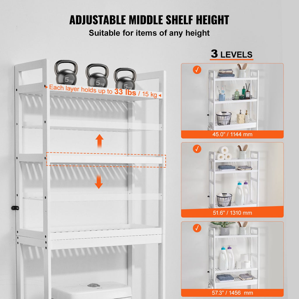 Over the Toilet Storage, 3-Tier Adjustable Over Toilet Bathroom Organizer, Bamboo Storage Shelf Rack with 3 Hooks, Freestanding Easy Assembly Laundry Space Saver, Fit Most Toilets, White