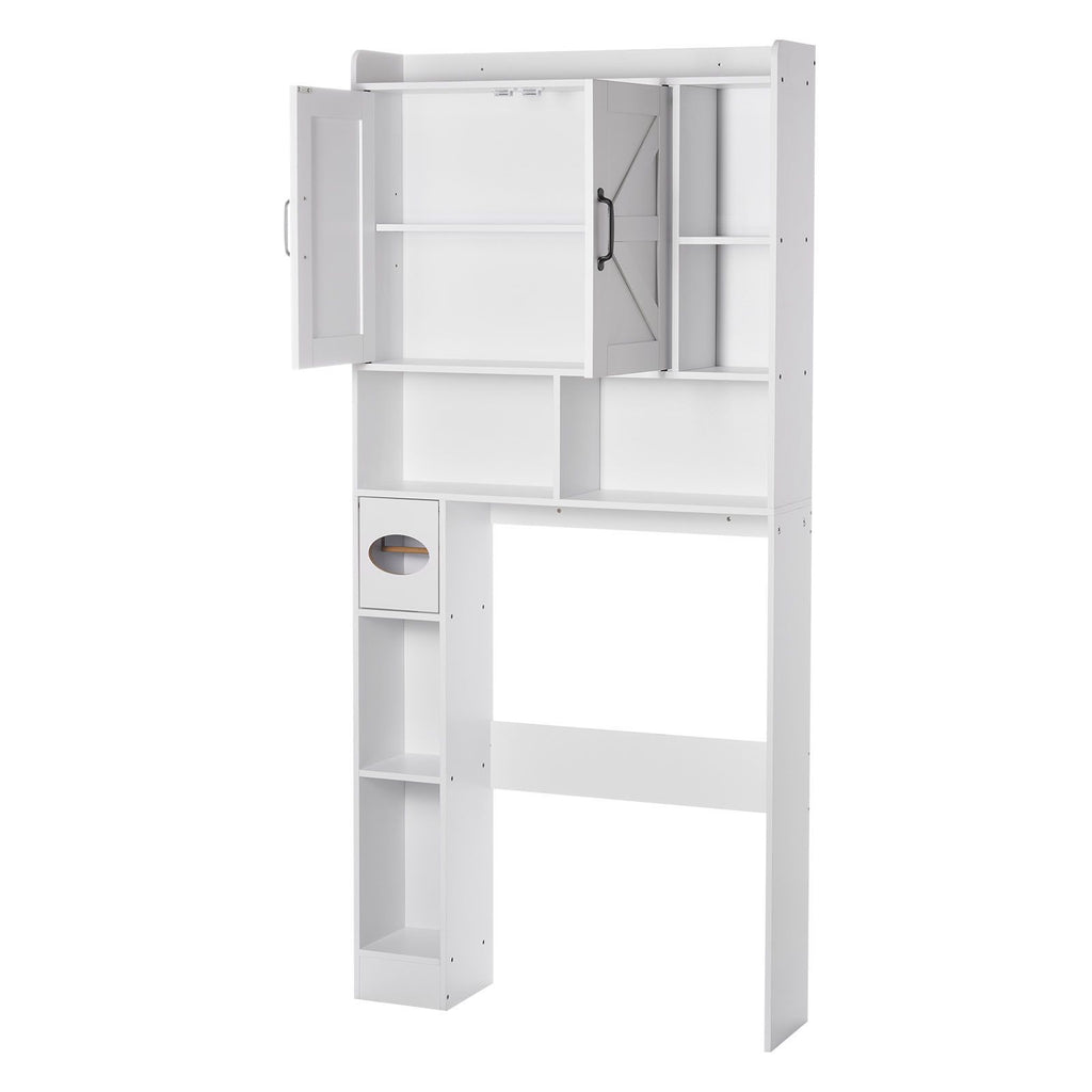 Over The Toilet Storage Cabinet, 66.14 in Height Bathroom Storage Organizer with Double Door and Adjustable Shelf, Bathroom Space Saver Organizer Above Toilet with Open Shelf, White
