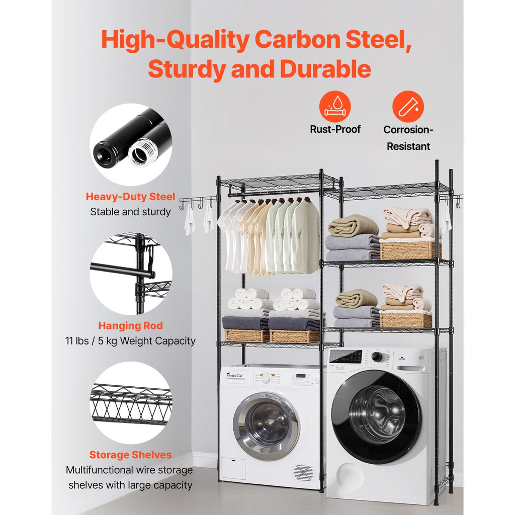 Over Washer and Dryer Storage Shelves, 5 Tiers Laundry Room Drying Rack with Hanger Rod and Hooks, Two Rows Adjustable Washer Shelves Space Saver, for Laundry Room Storage & Organization, Black