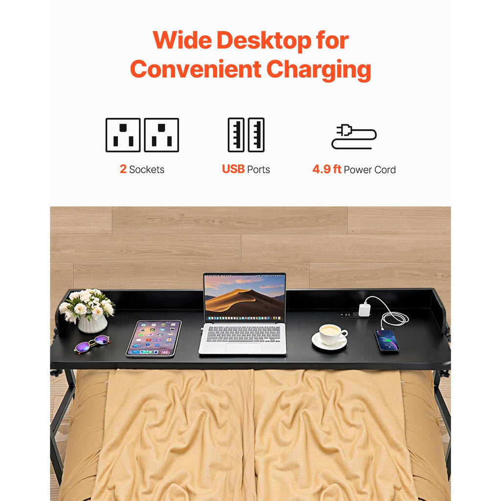 Overbed Table, Mobile Bed Side Table with 4 Wheels (2 with Brakes) and Power Socket, Height Adjustable Rolling Laptop Desk, Portable Particleboard Over Bed Desk for Home, Office, Study, Black