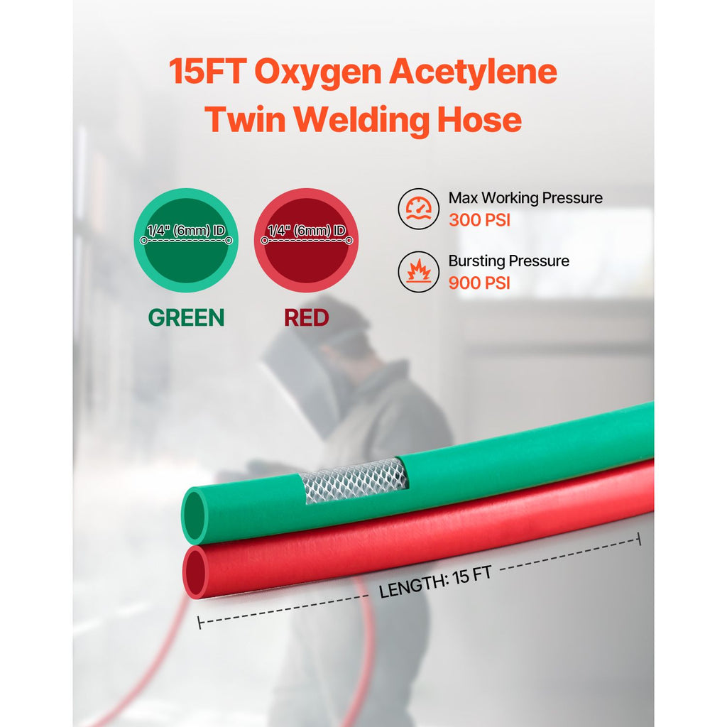 Oxygen Acetylene Hose, 1/4-Inch x 15FT Oxy Acetylene Hose with 9/16"-18 B Fitting, 300PSI T Grade Welding Cutting Torch Twin Hose, Compatible with Oxygen, Acetylene, Propane and Other Fuel Gases