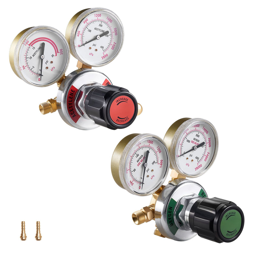 Oxygen Acetylene Regulator Set, Oxy-Acetylene Regulators, 0-4000PSI and 0-400PSI Welding Gas Gauges with CGA-540/CGA-510 Inlet Connection & 9/16"-18 Outlet Connection, PC Knob Adjustment