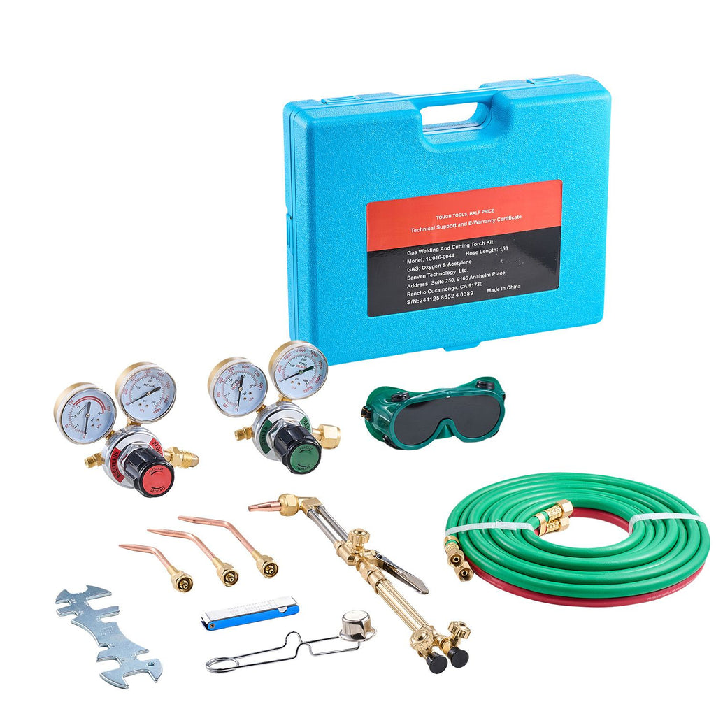 Oxygen Acetylene Torch Kit, Gas Welding Cutting Torch Kit, 14PCS Portable Oxy Acetylene Brazing Set with 177'' Long Twin-Hose, Cutting Nozzle, 3 Welding Tips & Carry Case (without Gas Cylinder)
