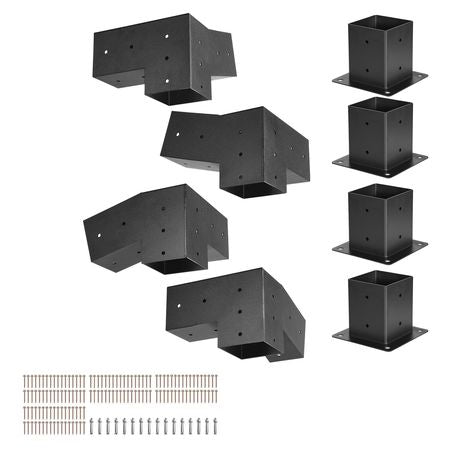 Pergola Kit, 4x4 Inch 3-Way Slanted Bracket for 3.5x3.5 Inch Wood Beams in Actual Size, Carbon Steel Pergola Bracket with Screws and Post Bases, for Outdoor Wood Pergolas, Gazebos, Sheds, 8 Pcs