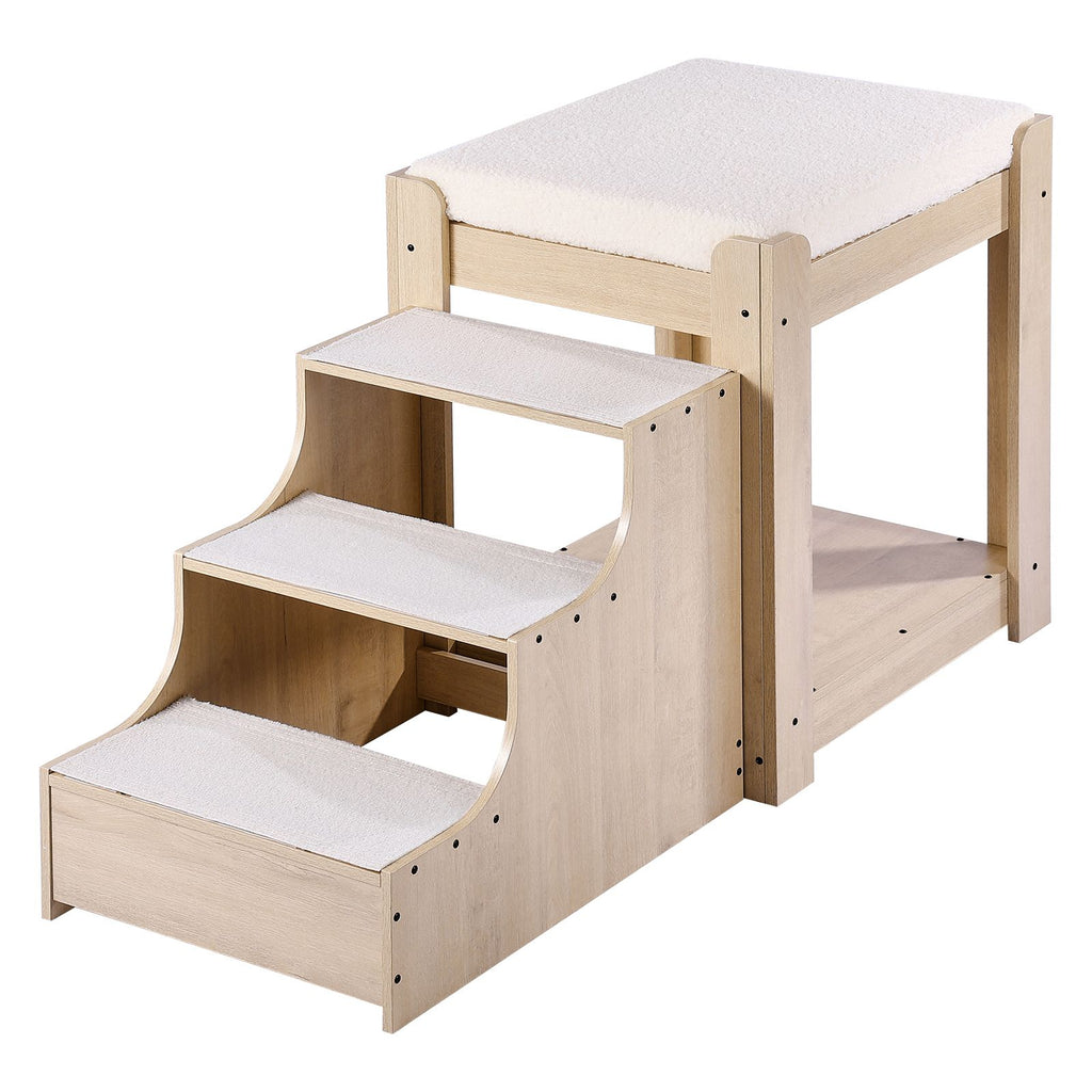 Pet Bunk Bed with Stairs, Dog/Cat Window Perch, Multi-Level Bed Window Perch Dog Bedside Sleeper, Lounge Elevated Seat Platform with Foam Cushion,Pet Bed Couch for Bedside Indoor Use (Beige)