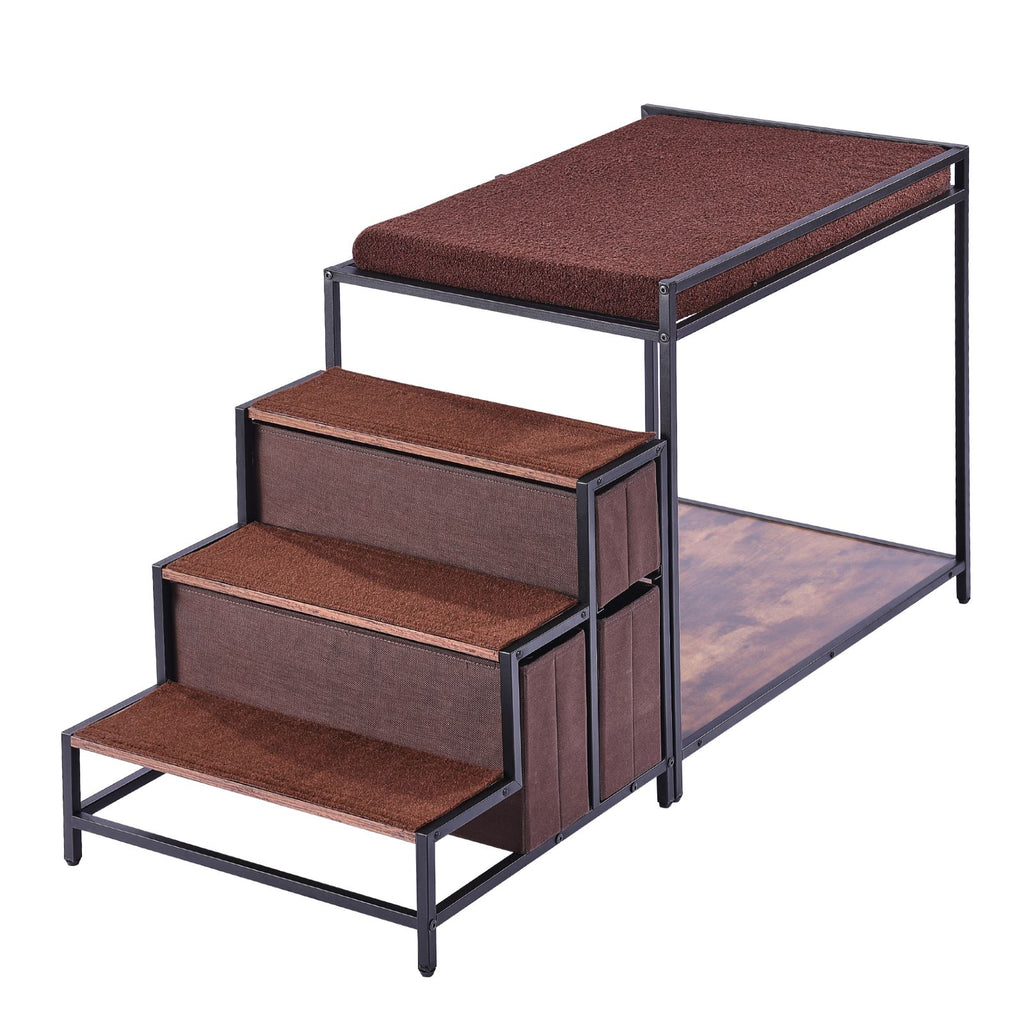 Pet Bunk Bed with Stairs, Dog/Cat Window Perch with Storage, Multi-Level Bed Window Perch Dog Bedside Sleeper Couch, Pet Seat Platform for Medium Size Pet, Indoor Use (Dark Brown)