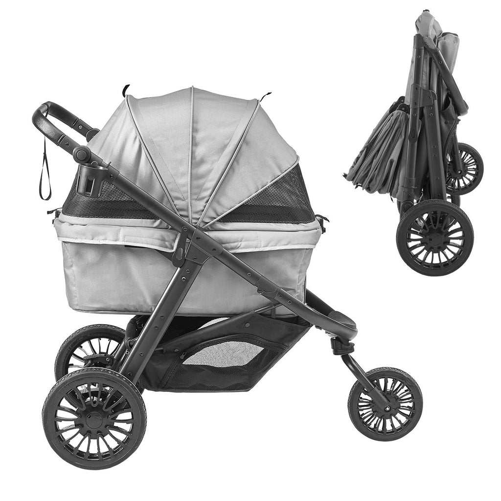 Pet Stroller, 3 PU Wheels Dog Stroller Rotate with Brakes, 75 lbs Weight Capacity, Puppy Stroller with Pet Pad, Storage Basket and External Cup Holder, for Small to Medium Sized Dogs, Grey