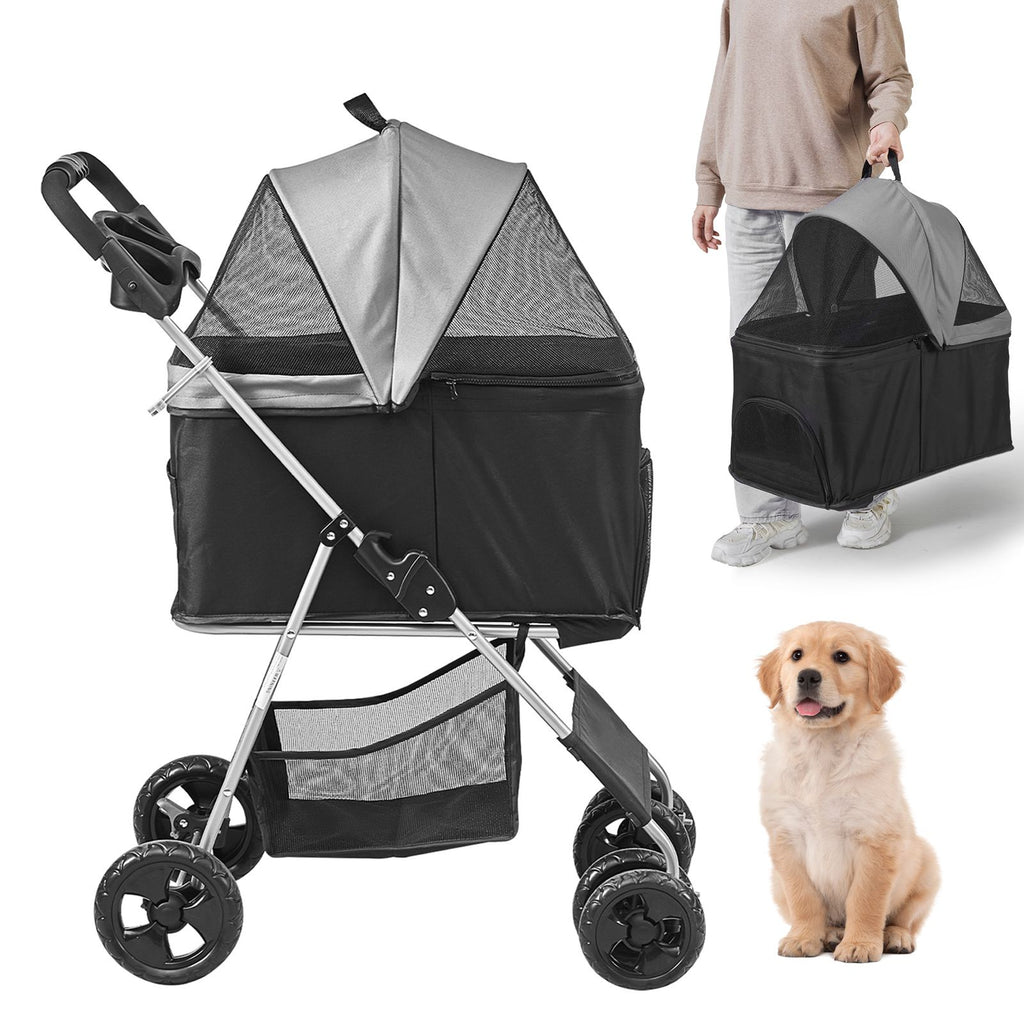 Pet Stroller, 4 Wheels Dog Stroller Rotate with Brakes, 35lbs Weight Capacity, Puppy Stroller with Detachable Carrier, Storage Basket and Cup Holder, for Dogs and Cats Travel, Black+Dark Grey