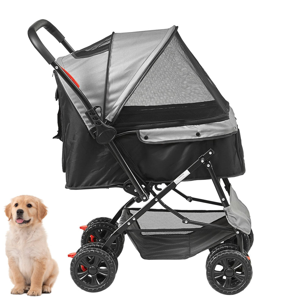 Pet Stroller, 4 Wheels Dog Stroller Rotate with Brakes, 44lbs Weight Capacity, Puppy Stroller with Reversible Handlebar, Storage Basket and Zipper, for Dogs and Cats Travel, Black+Grey