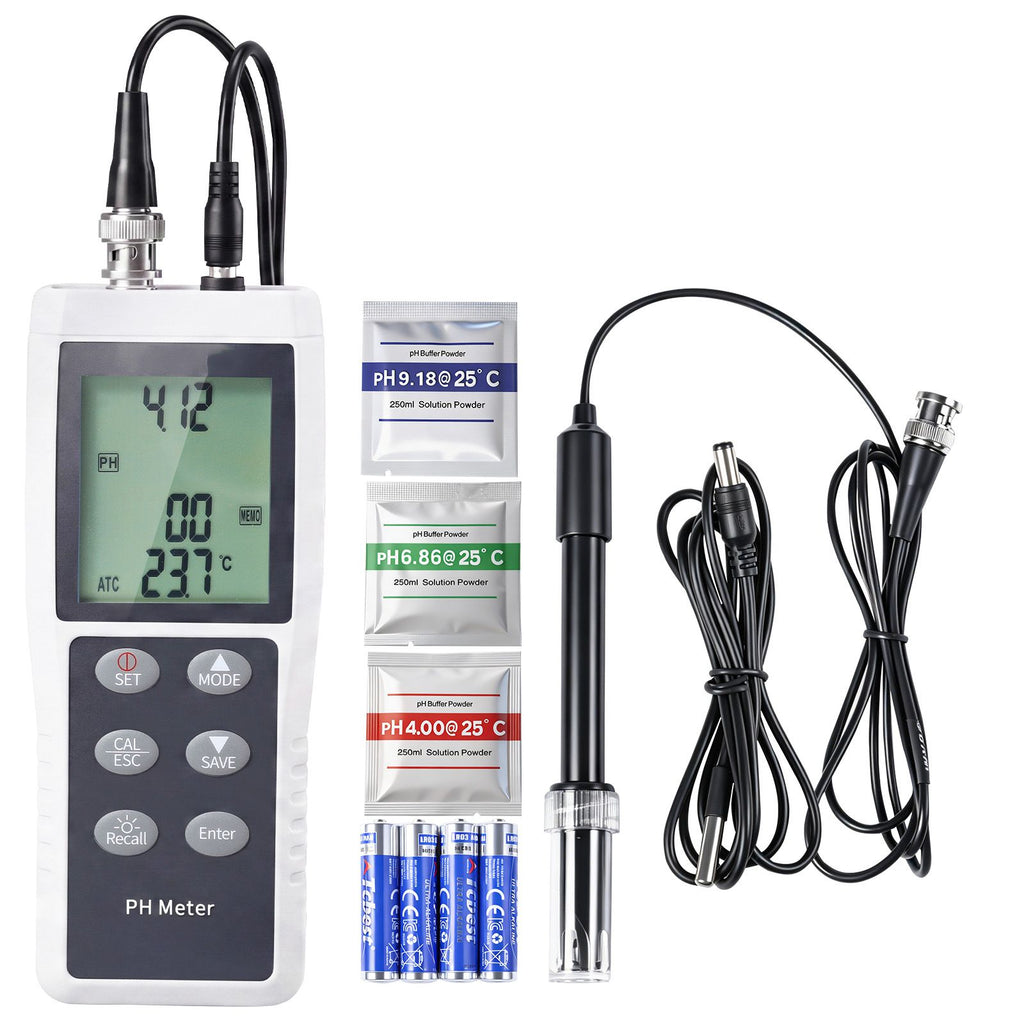 pH Meter, 0-14 pH Range, IP68 Waterproof Probe, 3-Point Auto Calibration, Portable Tester Kit with Calibration Powder Packets, Temperature Probe, Carrying Case, for Drinking Water, Hydroponics