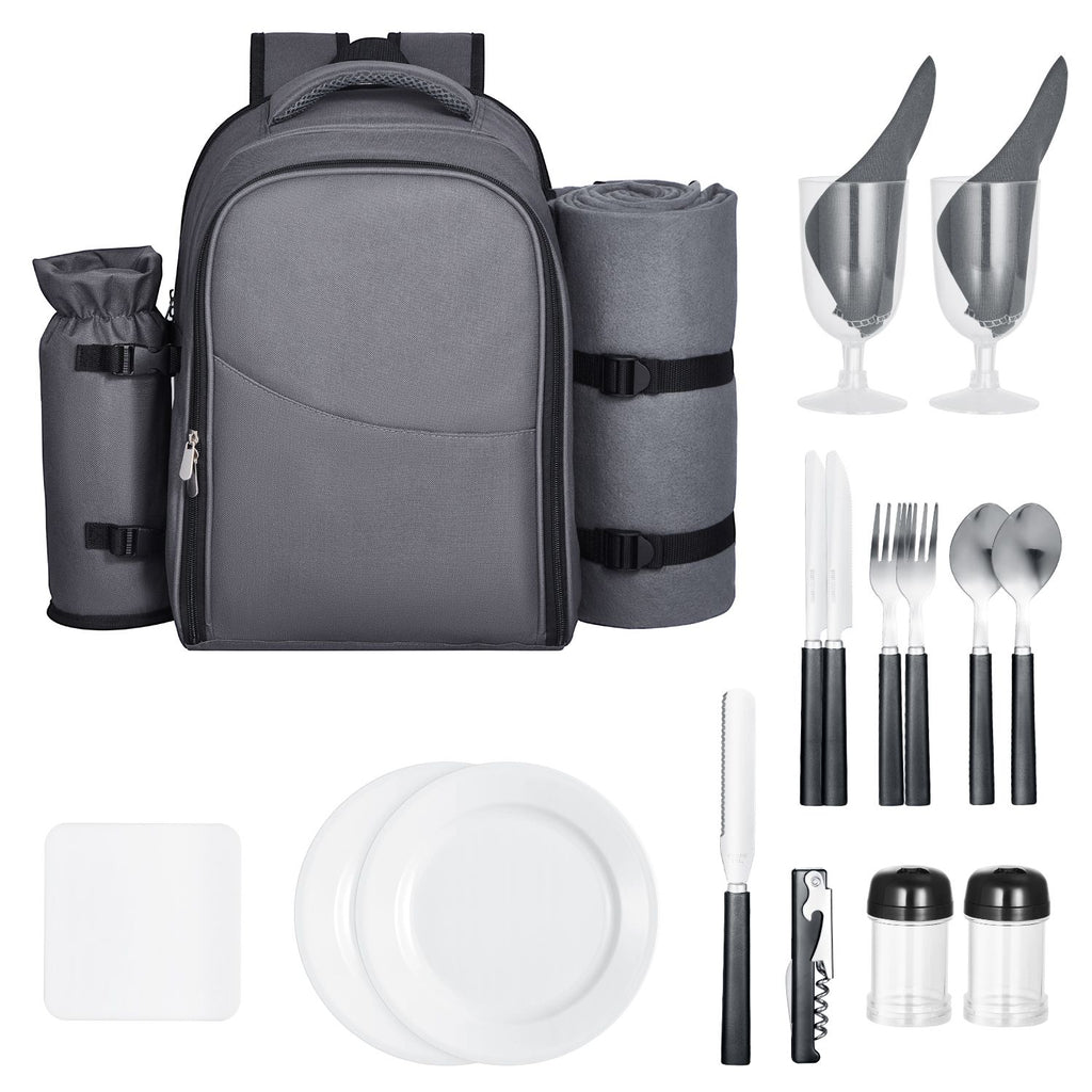Picnic Backpack, Beach Picnic Backpack Bag for 2 Person with Insulated Cooler Compartment, Detachable Bottle/Wine Holder, Lightweight Blanket, Plates and Cutlery Set for Hiking, Camping, Grey